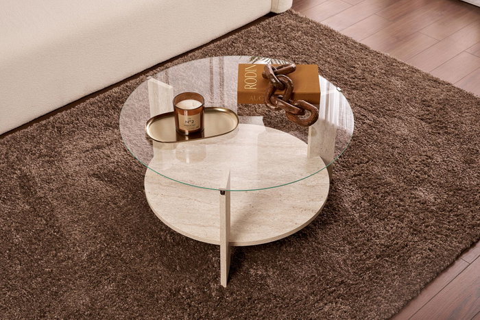Nordure Clara - Mesa de centro de vidrio templado, Travertino y Transparente